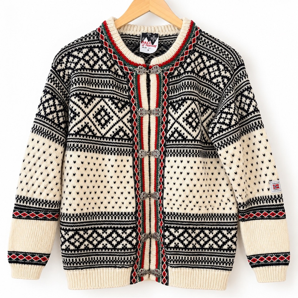 Dale of Norway Cream & Black Norwegian Wool Cardigan with Red Trim